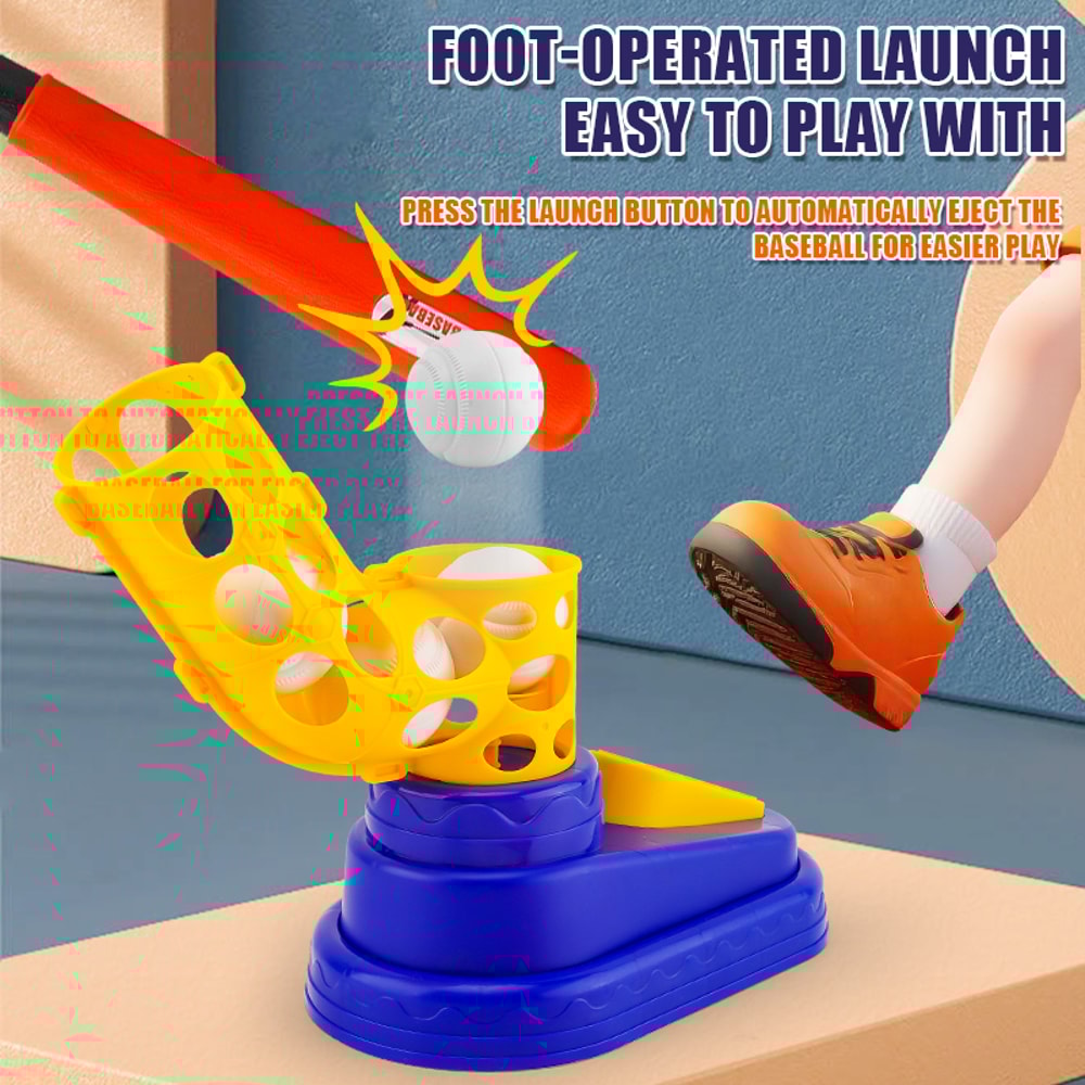 Kids Baseball Pitching Trainer Set with Foot Launcher Interactive Indoor Outdoor Sports Toy