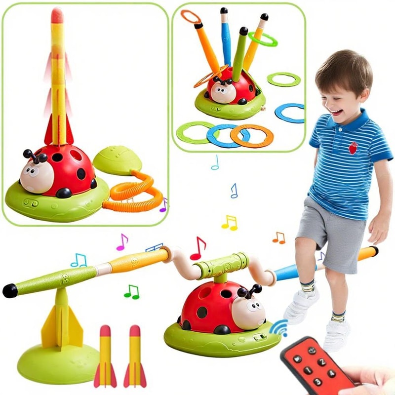 All in One Kids Outdoor Game Set Rocket Launcher Ring Toss and Jump Toy