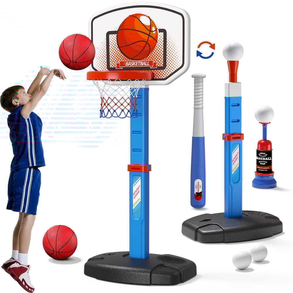 Kids Basketball Hoop Set with T Ball Trainer and Automatic Pitching Machine Toy for Toddlers