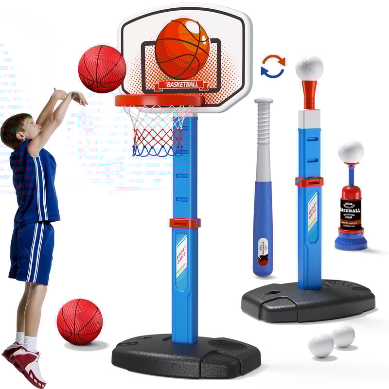 Kids Basketball Hoop Set with T Ball Trainer and Automatic Pitching Machine Toy for Toddlers