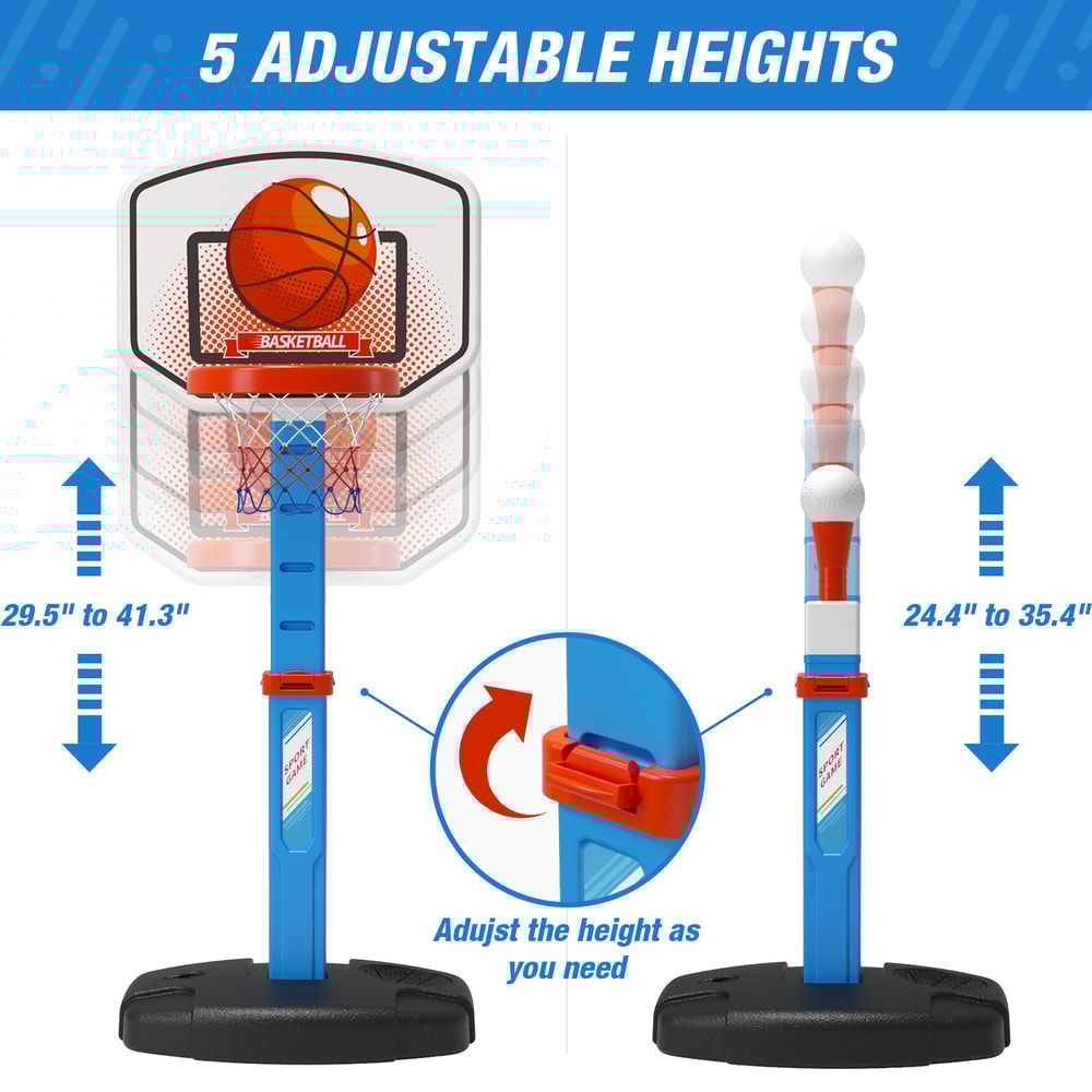 Kids Basketball Hoop Set with T Ball Trainer and Automatic Pitching Machine Toy for Toddlers