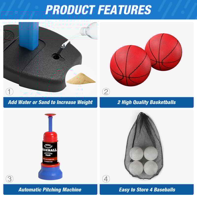 Kids Basketball Hoop Set with T Ball Trainer and Automatic Pitching Machine Toy for Toddlers