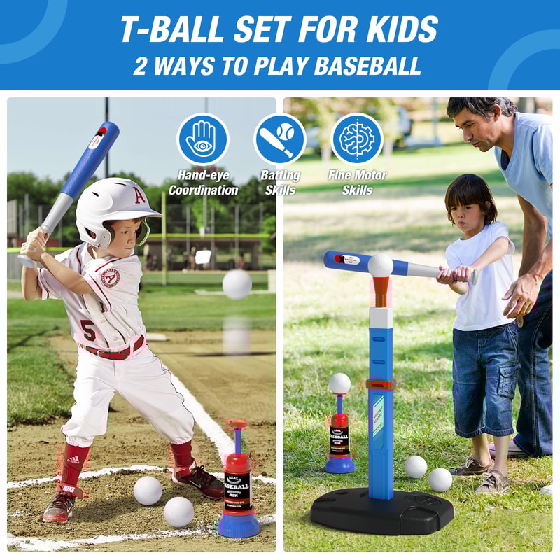Kids Basketball Hoop Set with T Ball Trainer and Automatic Pitching Machine Toy for Toddlers