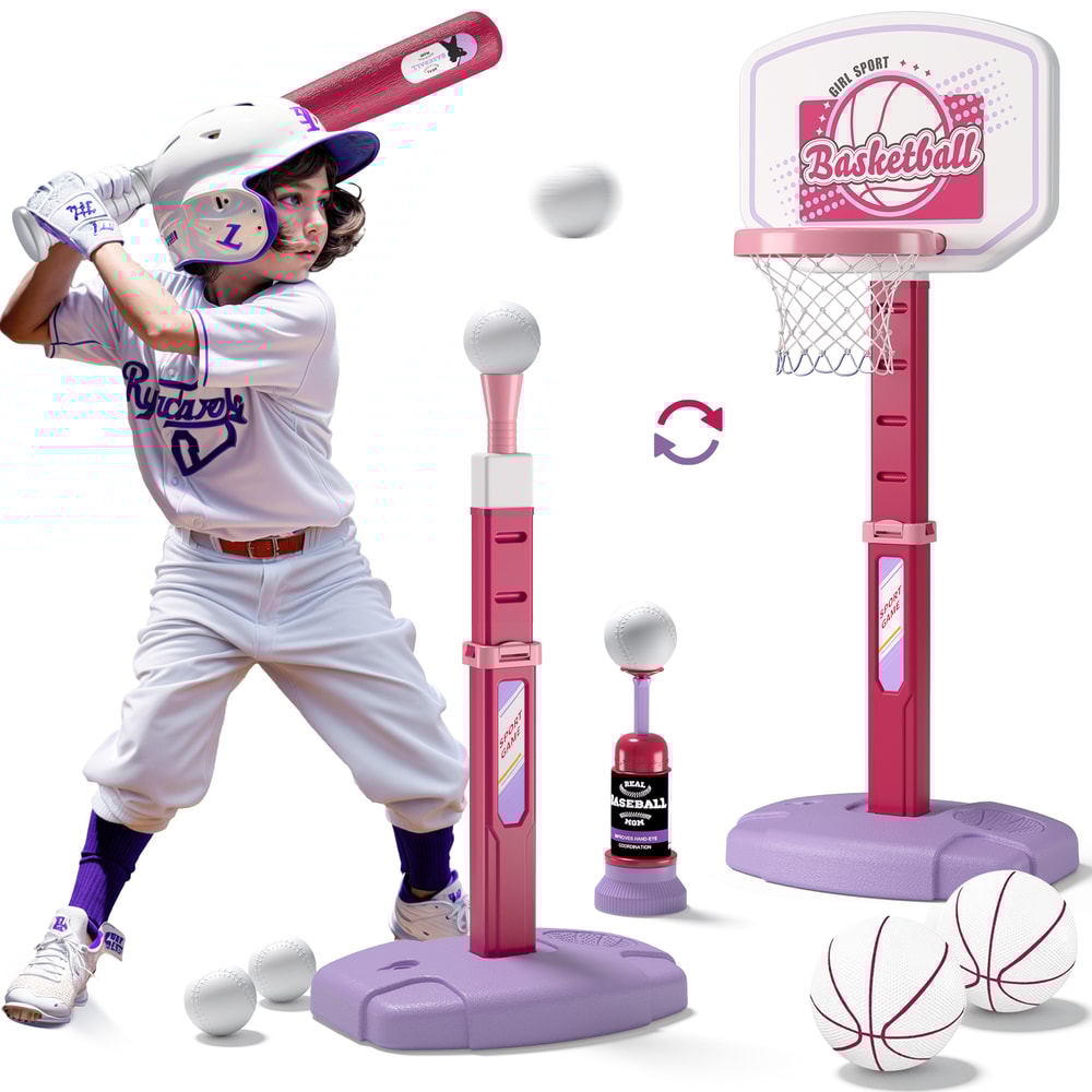 Kids Basketball Hoop Set with T Ball Trainer and Automatic Pitching Machine Toy for Toddlers