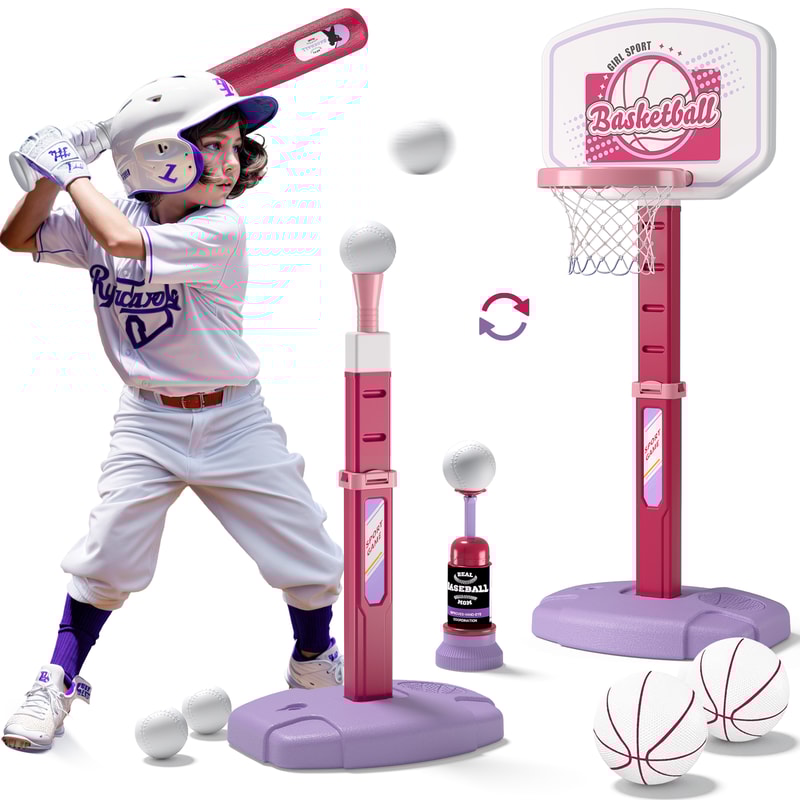 Kids Basketball Hoop Set with T Ball Trainer and Automatic Pitching Machine Toy for Toddlers