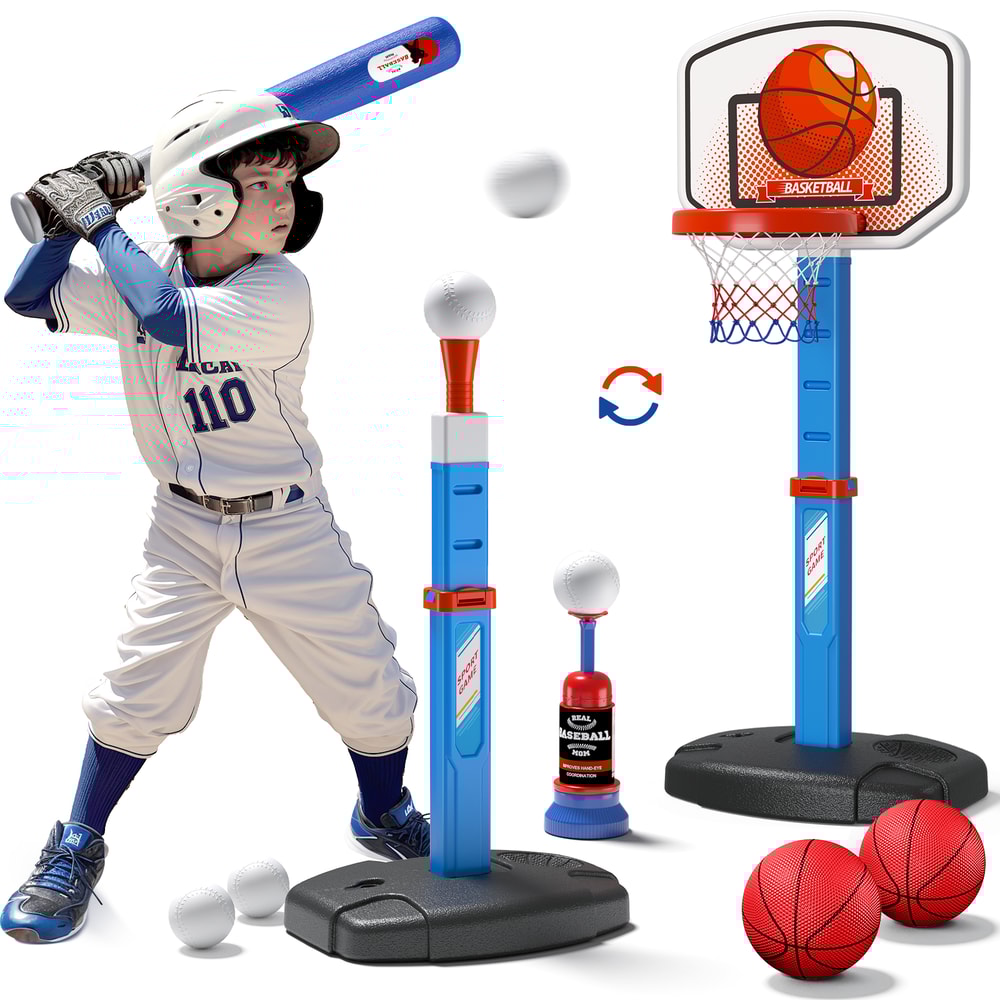 Kids Basketball Hoop Set with T Ball Trainer and Automatic Pitching Machine Toy for Toddlers