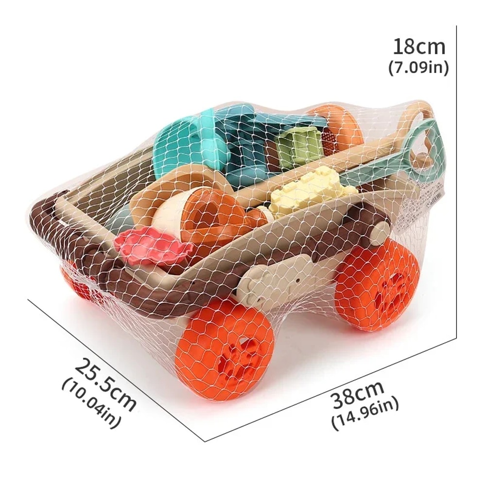 Kids Beach Toy Set With Trolley Collapsible Bucket Sand Molds And Mesh Bag For Easy Play 1