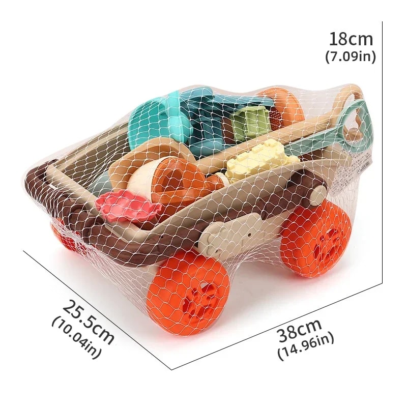 Kids Beach Toy Set With Trolley Collapsible Bucket Sand Molds And Mesh Bag For Easy Play 1