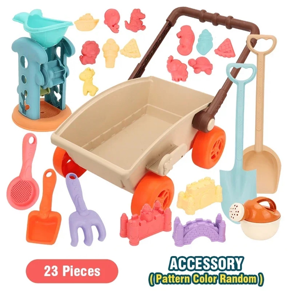 Kids Beach Toy Set With Trolley Collapsible Bucket Sand Molds And Mesh Bag For Easy Play 2