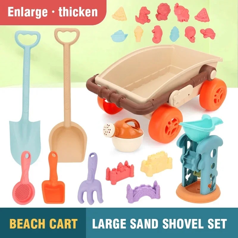 Kids Beach Toy Set With Trolley Collapsible Bucket Sand Molds And Mesh Bag For Easy Play 3
