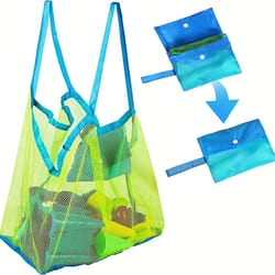large mesh beach toy bag for kids, sand toy storage tote with pockets for seashell collecting