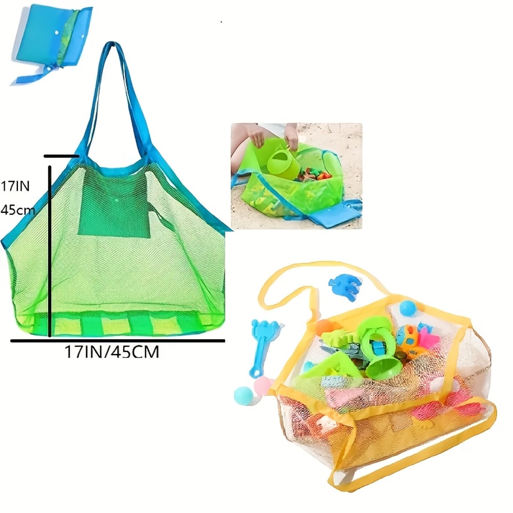 Large Mesh Beach Toy Bag For Kids Sand Toy Storage Tote With Pockets For Seashell Collecting 1