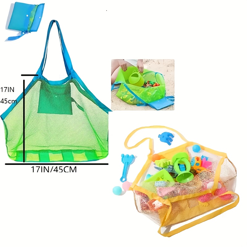 Large Mesh Beach Toy Bag For Kids Sand Toy Storage Tote With Pockets For Seashell Collecting 1