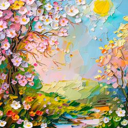Spring Print, Flower Field Landscape Printable Art, Flower Meadow Oil Painting, Optimistic Painting decor, Summer c