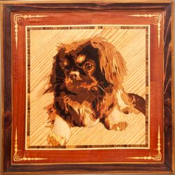 pekingese dog portrait inlay framed mosaic wood panel ready to hang home wall decor boho art wood decor ready to hang