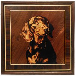 dachshund dog wood mosaic portrait eco gift inlay framed panel ready to hang home wall decor boho art wood decor ready