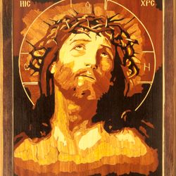jesus christ savior wood icon crown of thorns orthodox byzantine christian our lord wall wood mosaic religious art