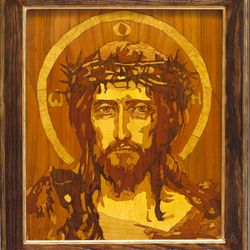 jesus christ savior marquetry wood orthodox icon byzantine christian lord wall art wood mosaic panel religious art venee