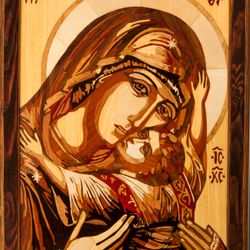 Virgin Mary Affection Greec Orthodox Byzantine Christian God Mother Wood Icon Home Decor Wall wood mosaic religious art