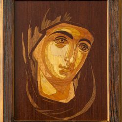 GodMother wood mosaic inlay picture Christian Virgin Mary Wood Wall hanging religious art veneer panel Home Decor eco