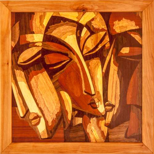 Love triangle wood mosaic marquetry inlay panel boho framed home wall decor wall art hanging wood decor love ready