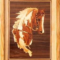 Horse wood mosaic picture veneer inlay marquetry wall art framed panel home decor eco gift wood mosaic intarsia Horse