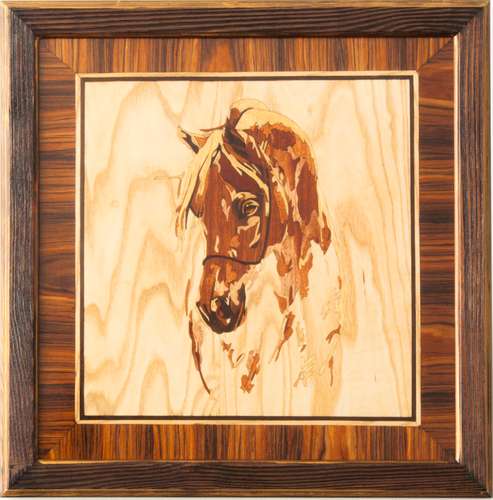Horse wood mosaic framed panel inlay marquetry veneer wall art home decor eco gift wood mosaics intarsia framed eco