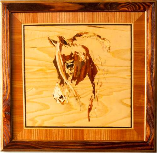 Horse 3 wood mosaic framed panel inlay marquetry veneer wall art home decor eco gift wood mosaics intarsia framed eco