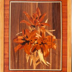 Lilies flowers wood mosaic framed panel floral design eco gift inlay wall hanging home decor boho art wood decor ready
