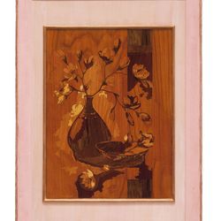 Vase flowers still life framed boho style picture wood veneer inlay marquetry kitchen wall art home decor gift wood