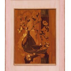 vase flowers still life framed boho style picture wood veneer inlay marquetry kitchen wall art home decor gift wood