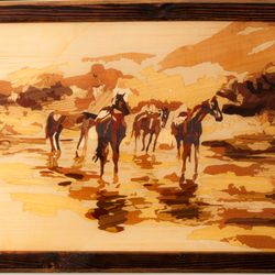 Horses landscape Vintage home decor rustic style marquetry inlay framed picture wall art panel home decor eco gift wood