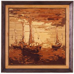 Schooners seascape marine home decor boho style marquetry inlay framed picture wall art panel home decor eco gift wood