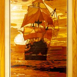 Sailing Ship seascape marine wood home decor rustic style inlay framed picture wall art panel home decor eco gift wood