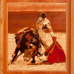 Bullfighting framed wood picture corrida matador home decor boho style marquetry inlay wall art panel home decor gift