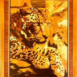 Leopard wildlife wood mosaic wild nature eco gift inlay framed panel wall hanging home decor art wood decor ready