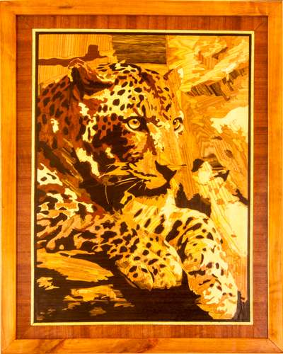 Leopard wildlife wood mosaic wild nature eco gift inlay framed panel wall hanging home decor art wood decor ready