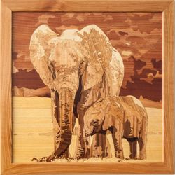 Elephants wildlife wood mosaic picture wild nature eco gift inlay framed panel wall hanging home decor art wood decor