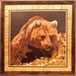 Grizzly Bear wildlife wood mosaic wild nature eco gift inlay framed panel wall hanging home decor art wood decor ready