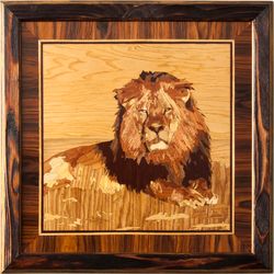 Lion safari africa wood mosaic portrait eco gift inlay framed panel wall hanging home decor boho art wood decor ready