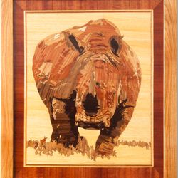Rhinoceros wildlife wood mosaic rhino wild nature eco gift inlay framed panel wall hanging home decor art wood decor