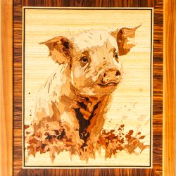 piggy wood mosaic picture pig nature eco gift inlay framed panel wall hanging home decor art wood decor ready to hang