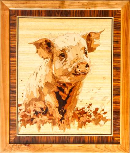 Piggy wood mosaic picture Pig nature eco gift inlay framed panel wall hanging home decor art wood decor ready to hang