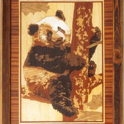Panda wildlife wood mosaic picture wild nature eco gift inlay framed panel wall hanging home decor art wood decor ready