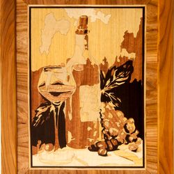 wine and grape still life framed boho style picture wood veneer inlay marquetry living room wall art home decor gift