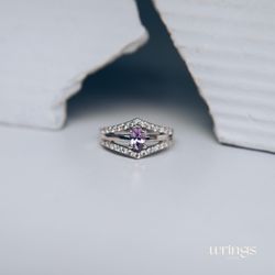 Vertical Oval Amethyst Engagement Ring for Women Double Chevron & Purple Gemstone Split Shank