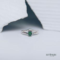 Sparkling Chevron Vertical Oval Emerald Engagement Ring for Women - Side Cubic Zirconia & Green Gemstone Silver V Ring