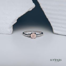 Dainty Rose Quartz Engagement Ring with Side Cubic Zirconia in Heart
