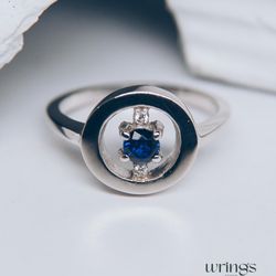 Blue Sapphire Open Cocktail Ring for Women Silver Round Engagement Ring Side with Simulated Diamond Cubic Zirconia