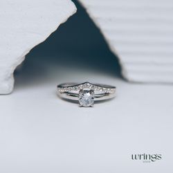Gleaming Chevron and CZ Diamond Engagement Ring Silver - Split Silver V Ring with Central White Stone